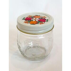 Vtg Kerr 8oz Embossed Glass Jam Jar Fruit Jelly Canning Graphic Decal Lid Retro
